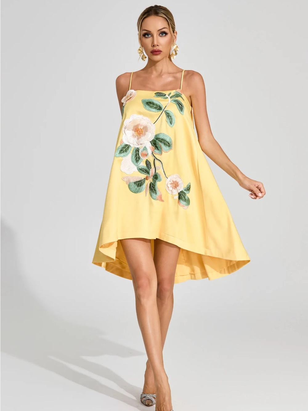 NWT Miss Rosier Avril Yellow Satin 3D Embroidered Floral Mini Swing Dress S